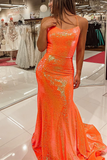 spaghetti straps orange mermaid long evening dress sparkly prom dresses
