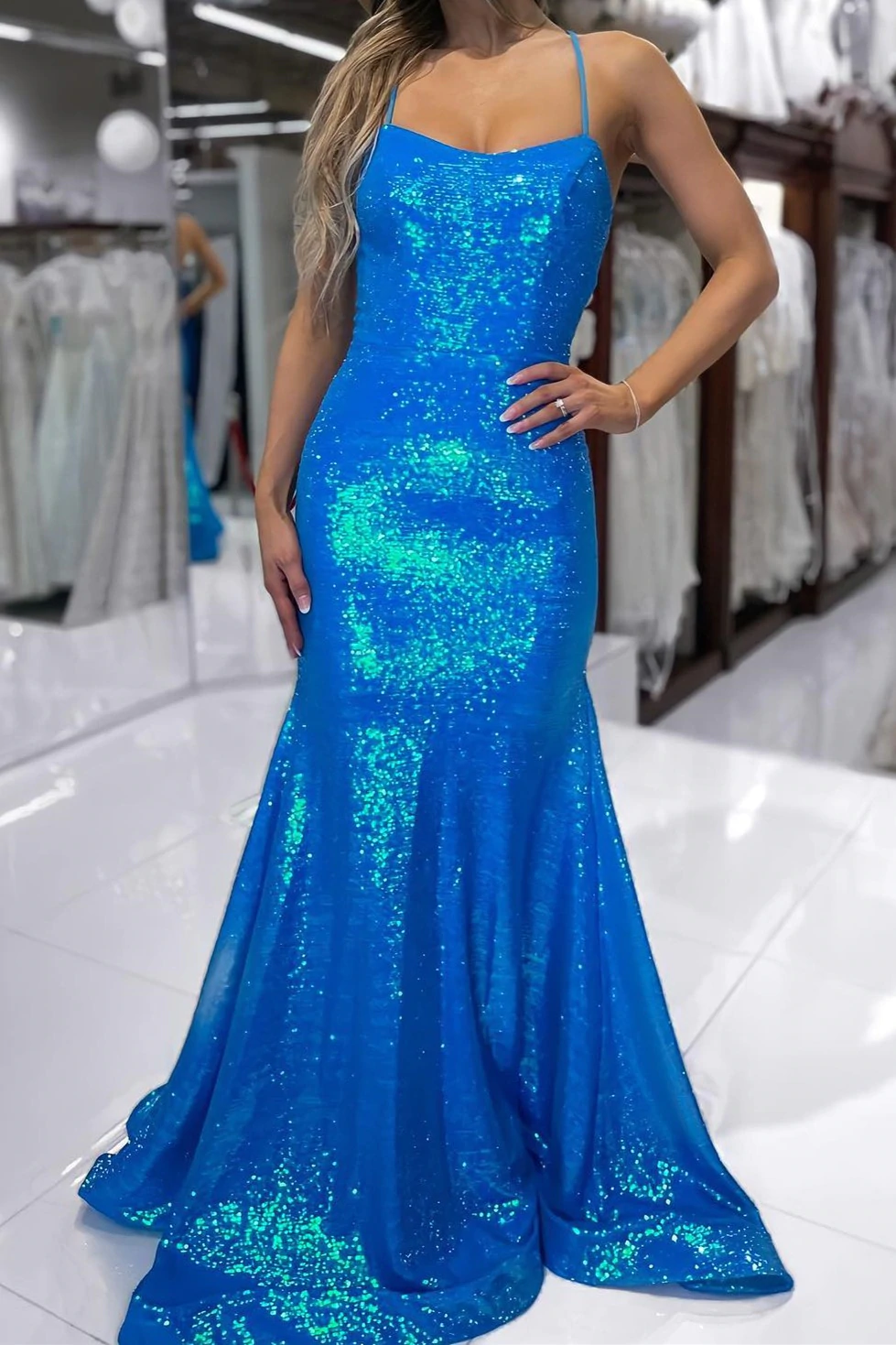 spaghetti straps orange mermaid long evening dress sparkly prom dresses