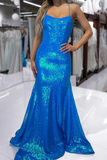 spaghetti straps orange mermaid long evening dress sparkly prom dresses