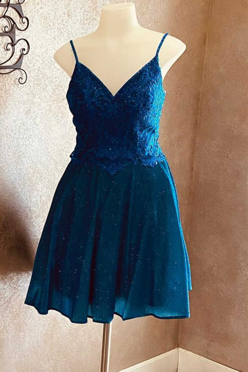glitter blue spaghetti straps v neck a line short homecoming dress