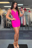 hot pink beaded v neck backless mini tight homecoming dresses
