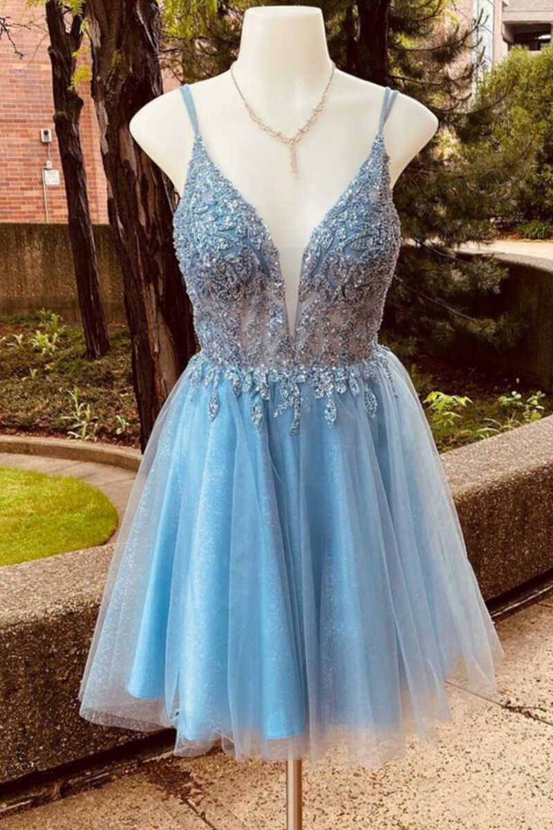 charming blue sequins plunge neck a line tulle short homecoming dress