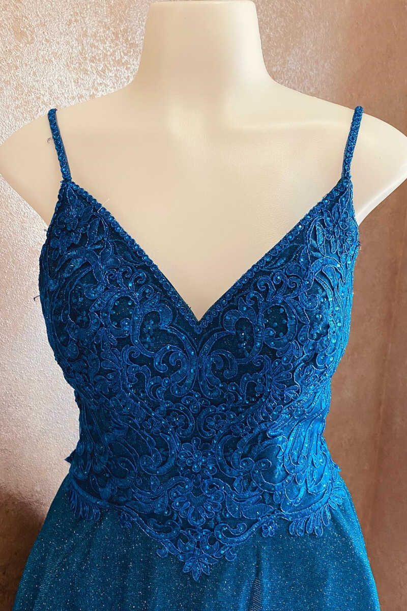 glitter blue spaghetti straps v neck a line short homecoming dress