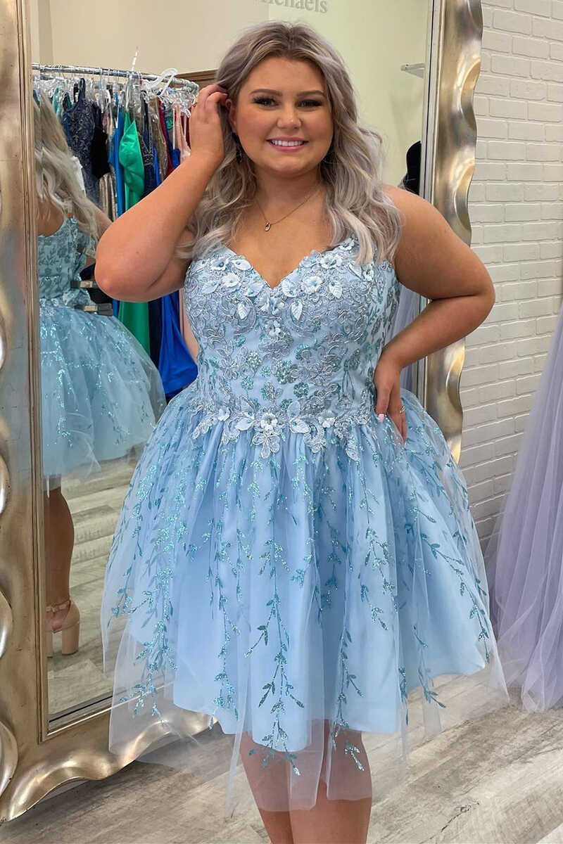 a line light blue appliques plus size short homecoming dress