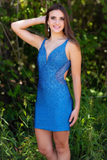 hot pink beaded v neck backless mini tight homecoming dresses