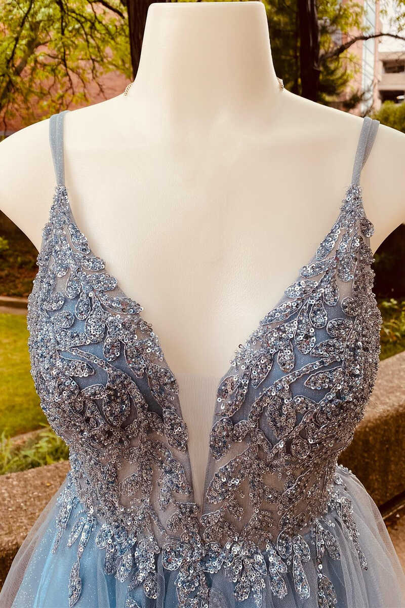 charming blue sequins plunge neck a line tulle short homecoming dress