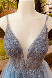 charming blue sequins plunge neck a line tulle short homecoming dress