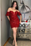 white sequin puff sleeve bodycon homecoming dresses sparkly short dresses