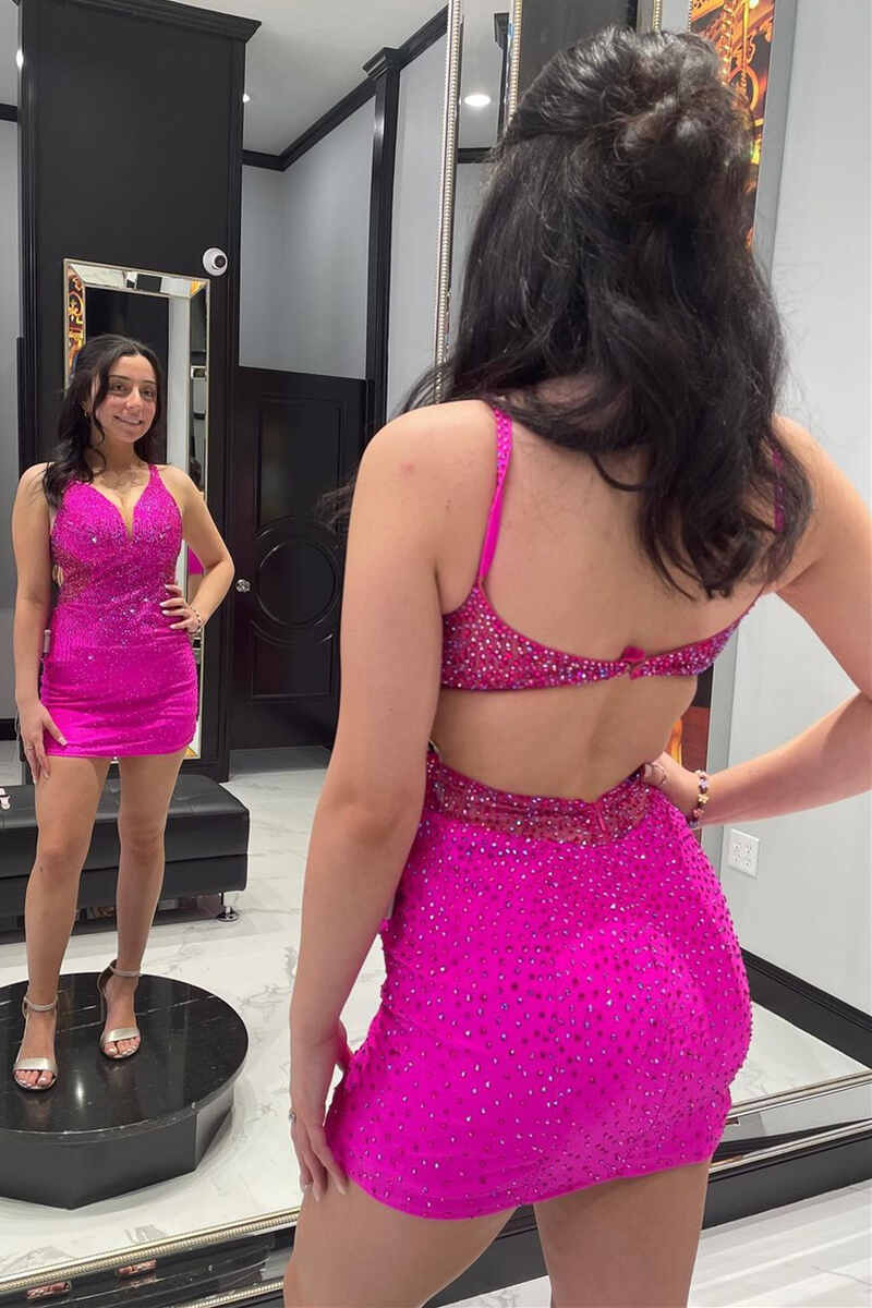 hot pink beaded v neck backless mini tight homecoming dresses