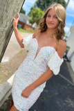 White Sequin Puff Sleeve Bodycon Homecoming Dresses, Sparkly Short Dresses GM574