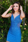 hot pink beaded v neck backless mini tight homecoming dresses