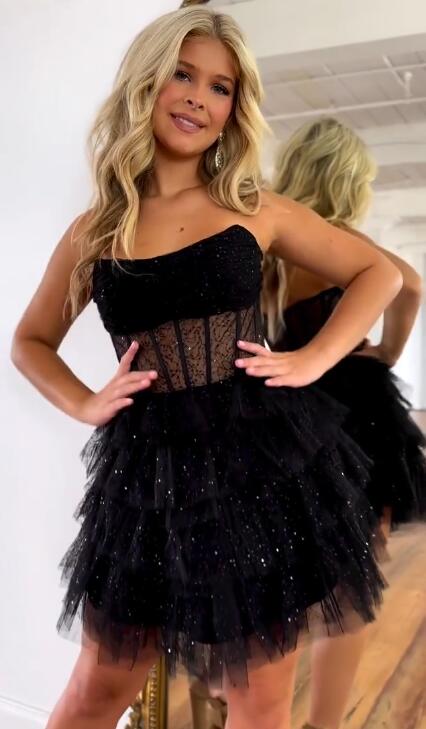 strapless sequin black tulle homecoming dresses ruffles with sheer corset party dress