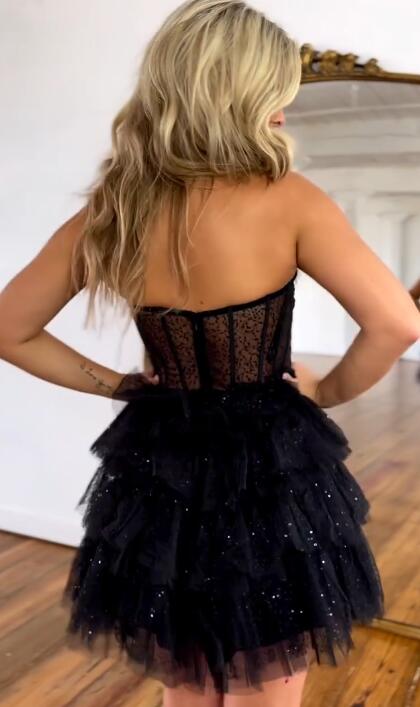 strapless sequin black tulle homecoming dresses ruffles with sheer corset party dress