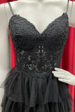 straps black prom dress with sheer corset bodice tiered formal gown