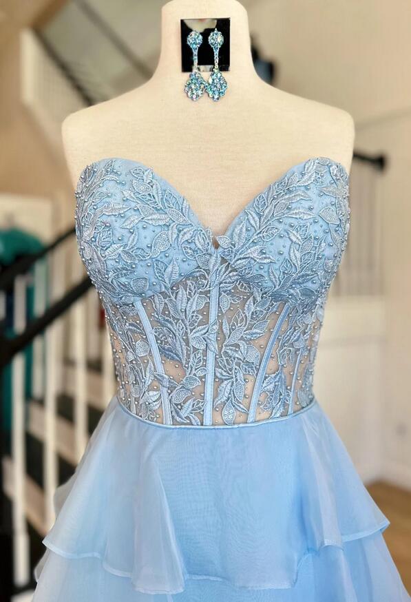 princess chiffon long prom dresses with lace bodice and ruffle skirt