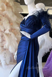 red sweetheart slit satin long prom dresses with detachable feathers sleeves