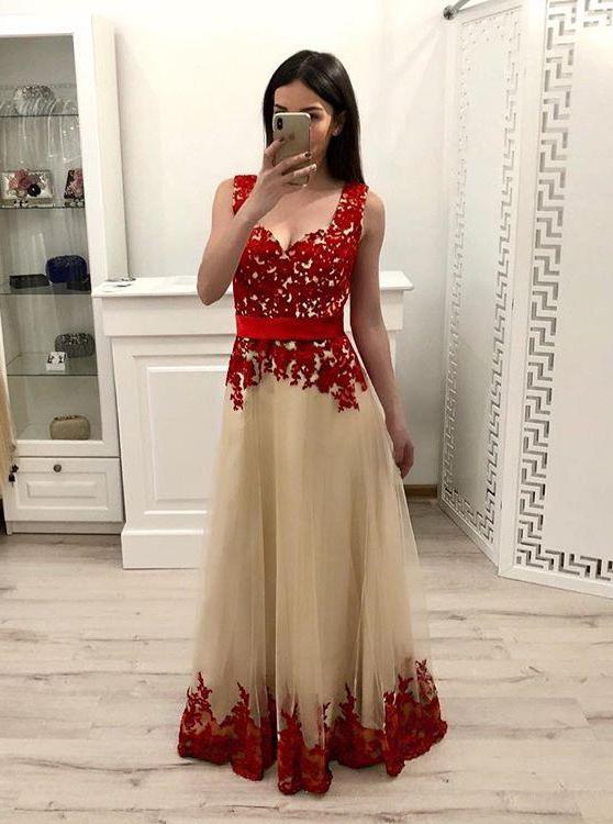 a line prom dress with red appliques tulle long formal dress