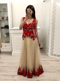 a line prom dress with red appliques tulle long formal dress