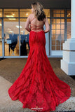 red backless long prom dresses v neck mermaid spaghetti evening dress