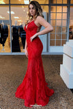 red backless long prom dresses v neck mermaid spaghetti evening dress