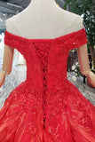 off shoulder red ball gown appliques beads quinceanera dress
