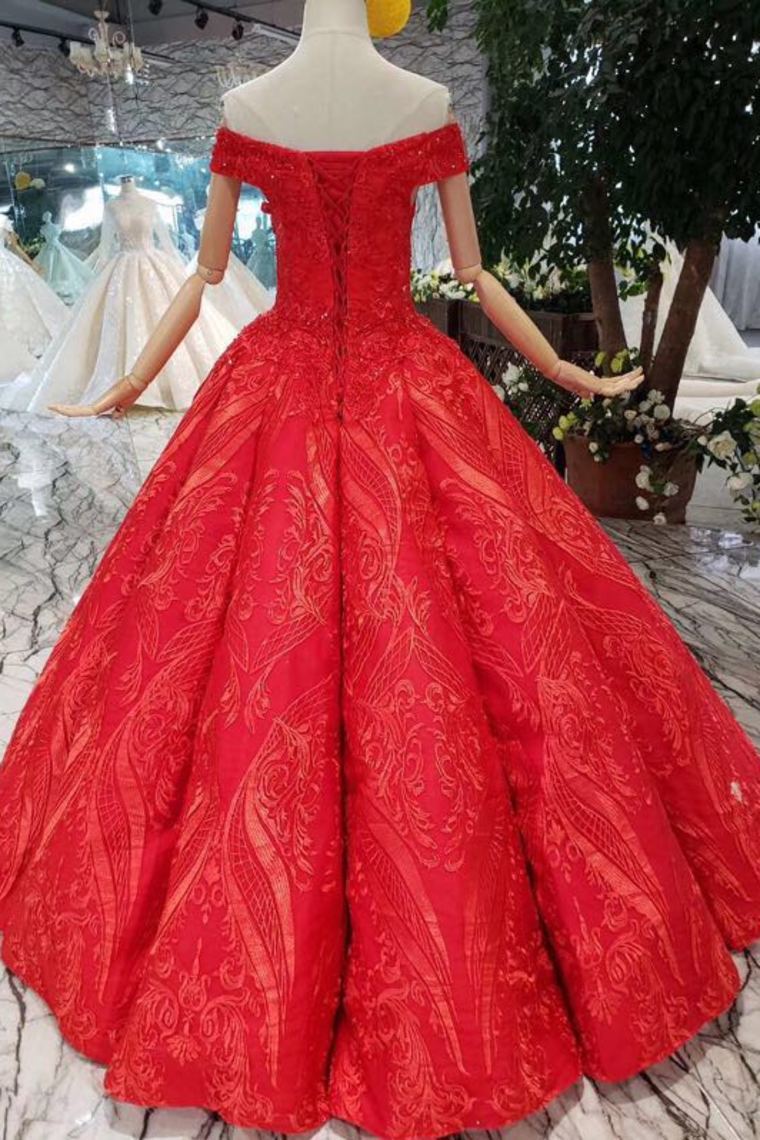 off shoulder red ball gown appliques beads quinceanera dress
