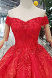 off shoulder red ball gown appliques beads quinceanera dress