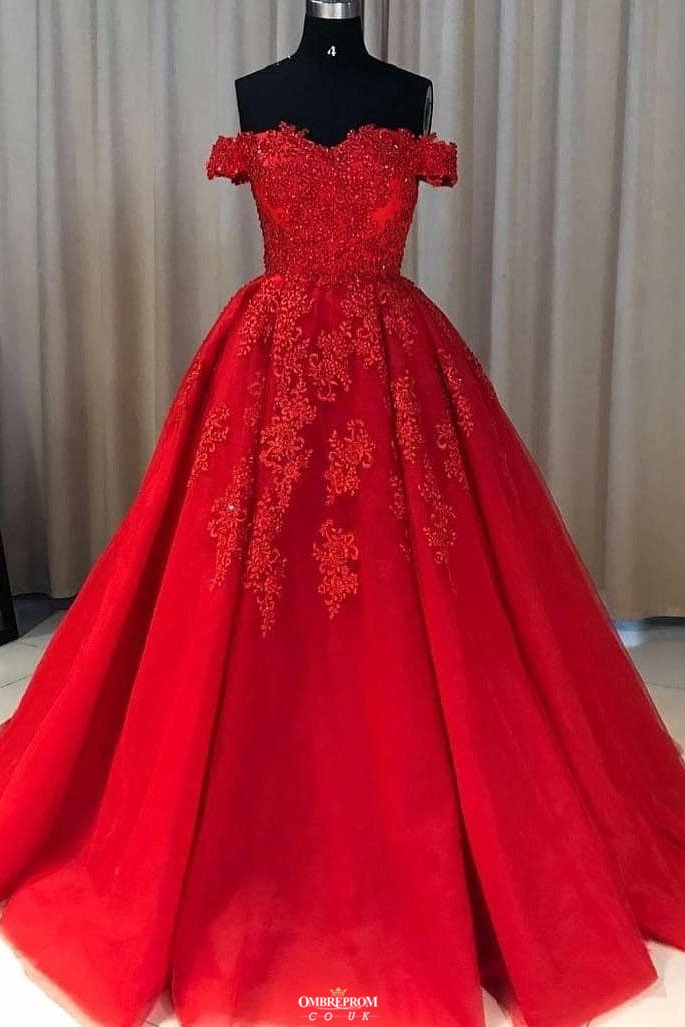 red ball gown tulle off the shoulder lace appliques long prom dresses