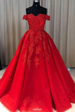 red ball gown tulle off the shoulder lace appliques long prom dresses