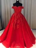red ball gown tulle off the shoulder lace appliques long prom dresses