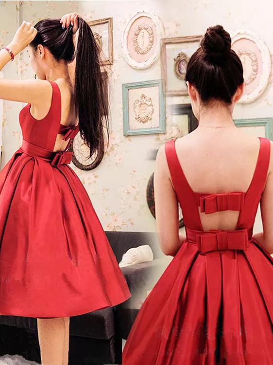 red bateau a line open back bowknot homecoming dress