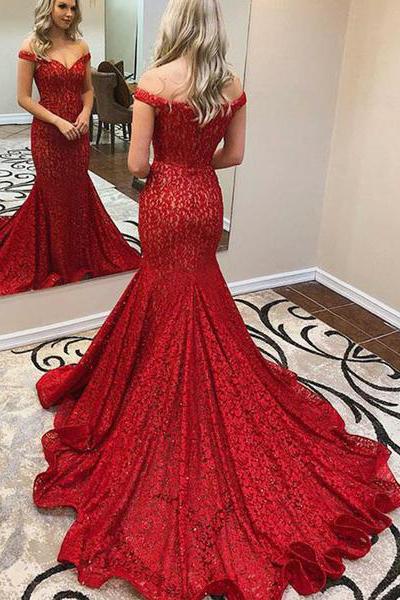 red lace mermaid prom dress off the shoulder formal evening gown