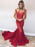 Red Lace Mermaid Prom Dress Off The Shoulder Formal Evening Gown MP854