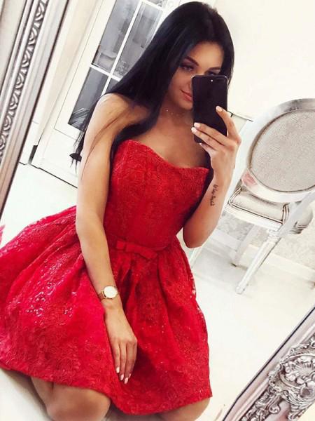 red sweetheart beading lace short prom dress with waist bowknot