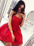 red sweetheart beading lace short prom dress with waist bowknot