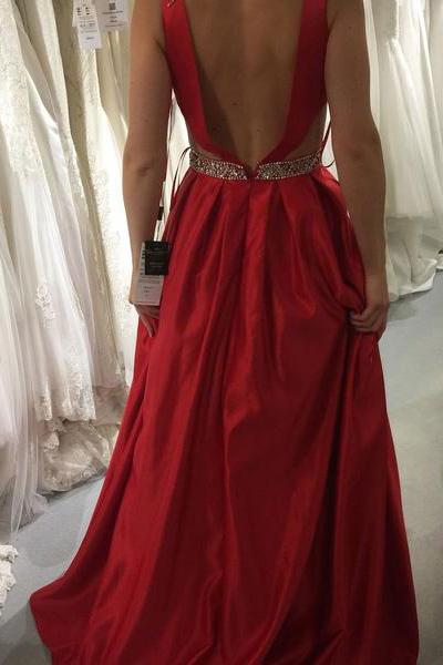 red prom dresses a line v neck satin with beading formal gown