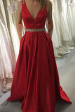 red prom dresses a line v neck satin with beading formal gown