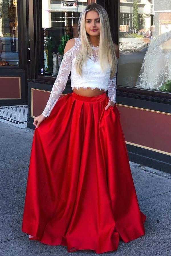 lace long sleeves red prom dress a line satin two piece graduation dress