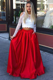 Lace Long Sleeves Red Prom Dress, A Line Satin Two Piece Graduation Dress MP713