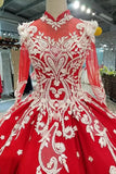 red quinceanera dress long sleeves applique prom dress ball gown