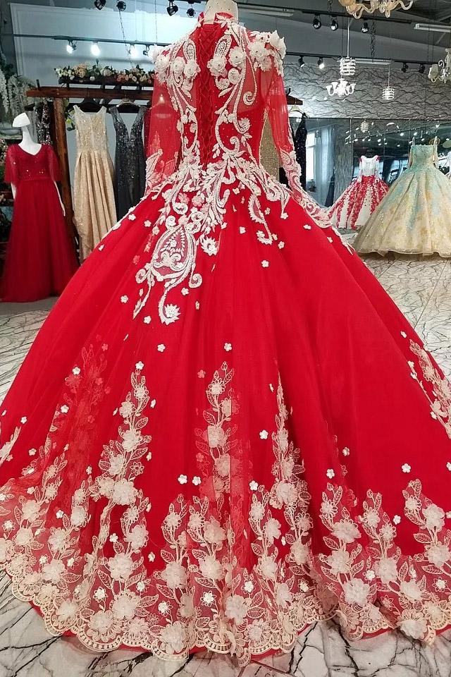 red quinceanera dress long sleeves applique prom dress ball gown