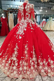 red quinceanera dress long sleeves applique prom dress ball gown