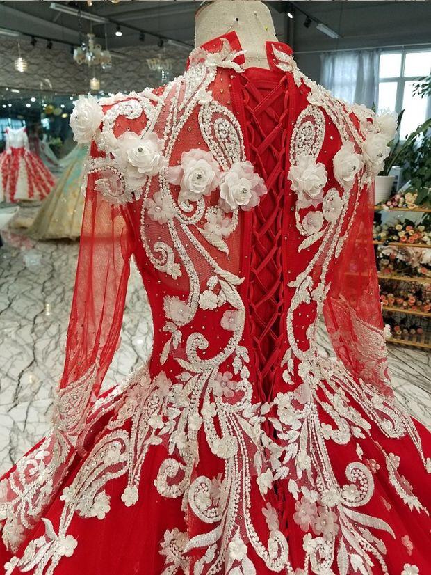 red quinceanera dress long sleeves applique prom dress ball gown