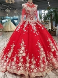 red quinceanera dress long sleeves applique prom dress ball gown
