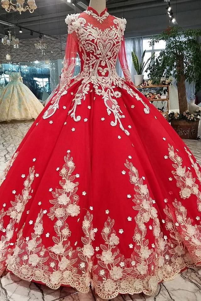 red quinceanera dress long sleeves applique prom dress ball gown