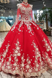 red quinceanera dress long sleeves applique prom dress ball gown
