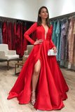 red satin formal dress long sleeve plunging v neck with slit