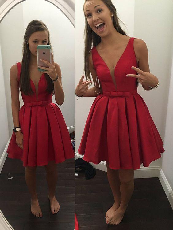 red homecoming dress satin v neck straps short prom dress