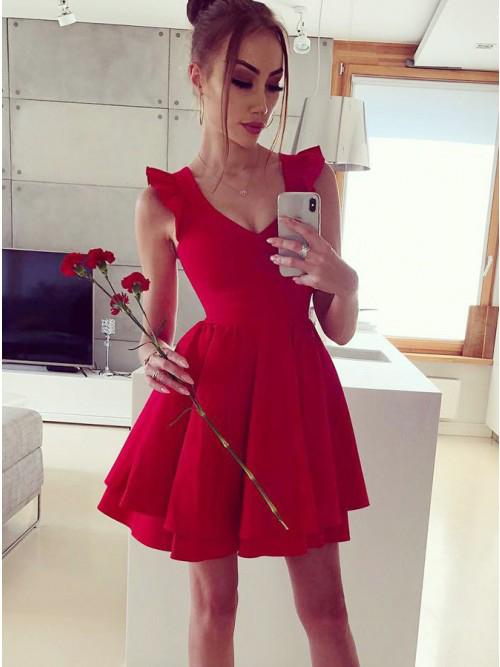 a line v neck pleated satin red short homecoming party dress