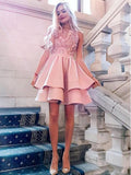 chic pink round neck tiered a line homecoming dress